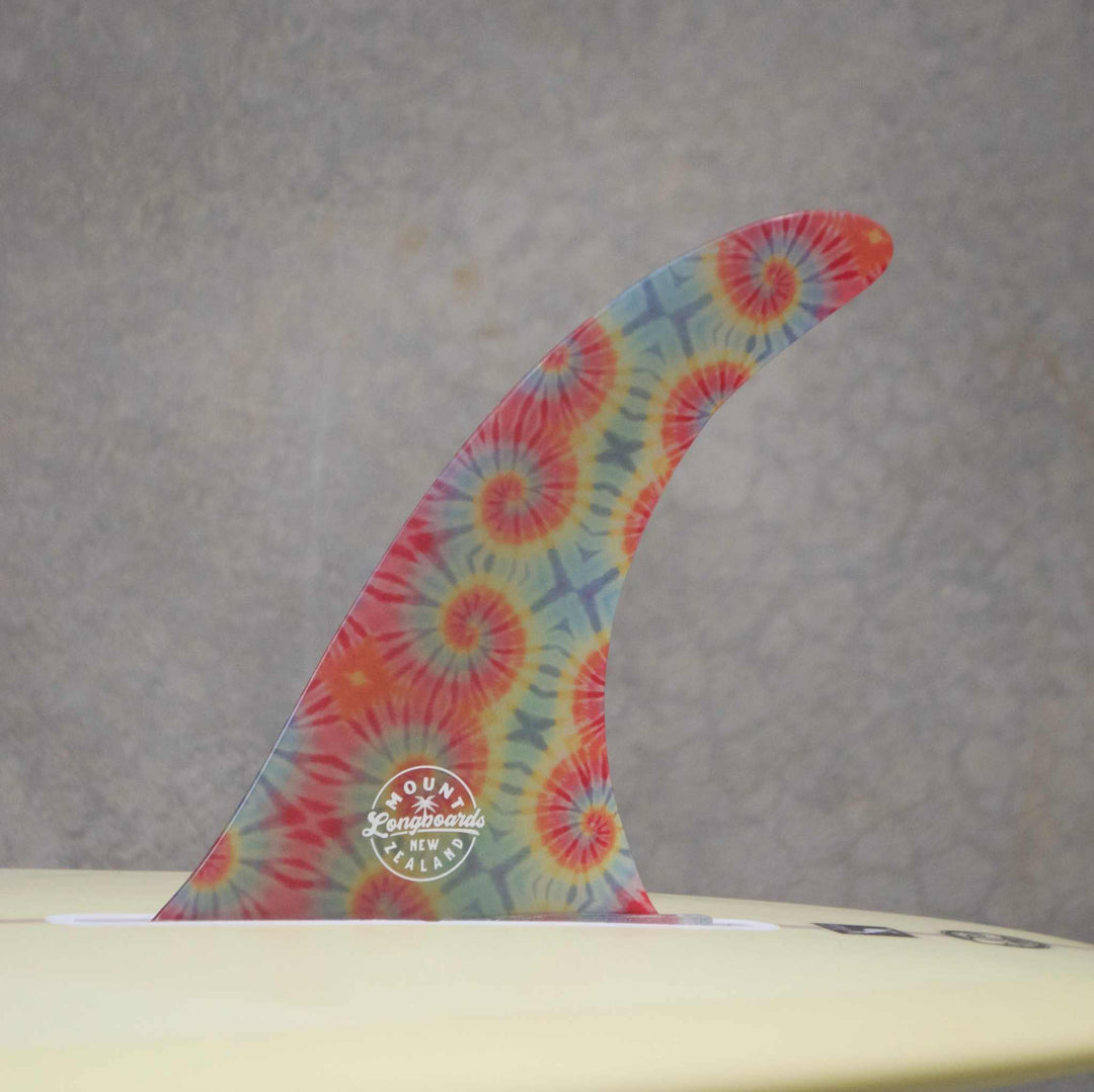 70's Tie-Dye Longboard Fin with colorful spiral design, 10 inches long.
