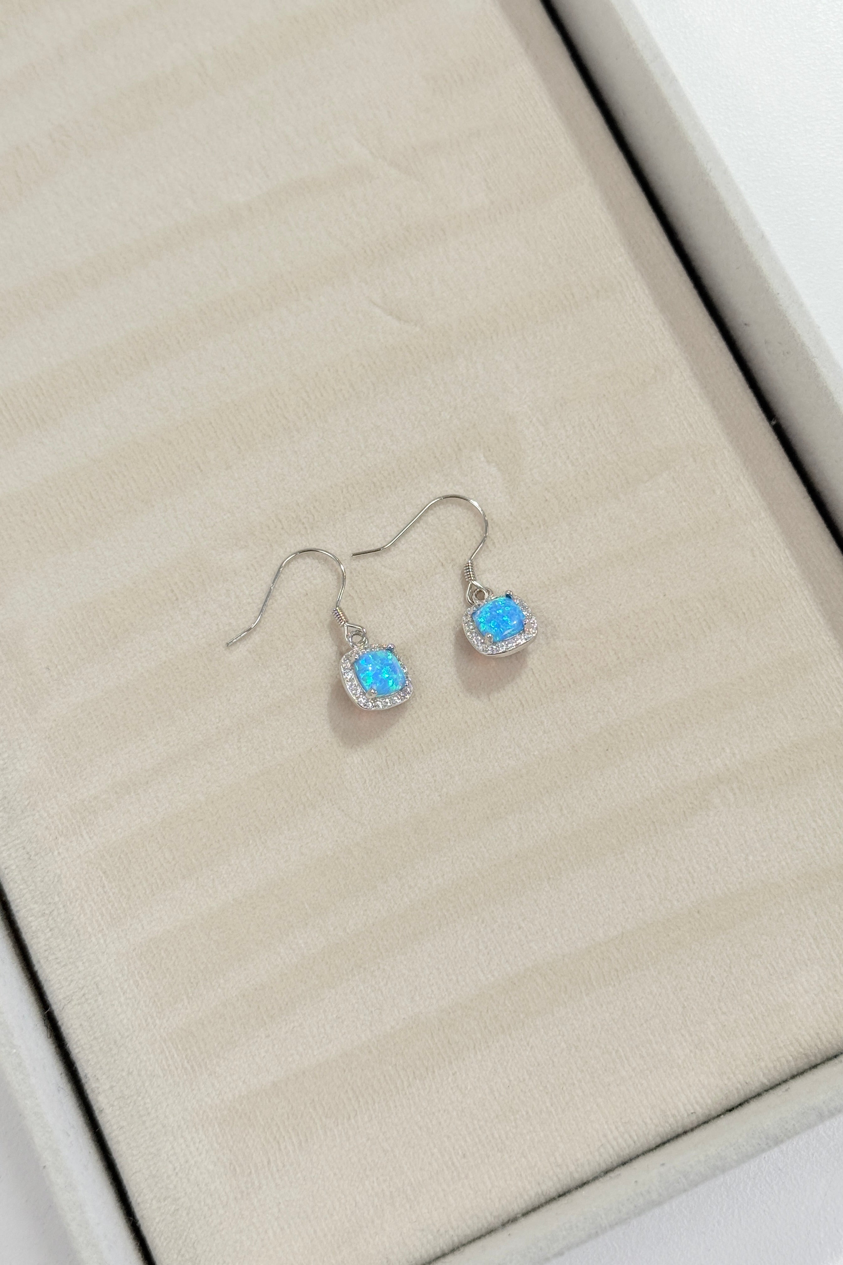 Pair of silver earrings with blue gemstones on a beige jewelry box.