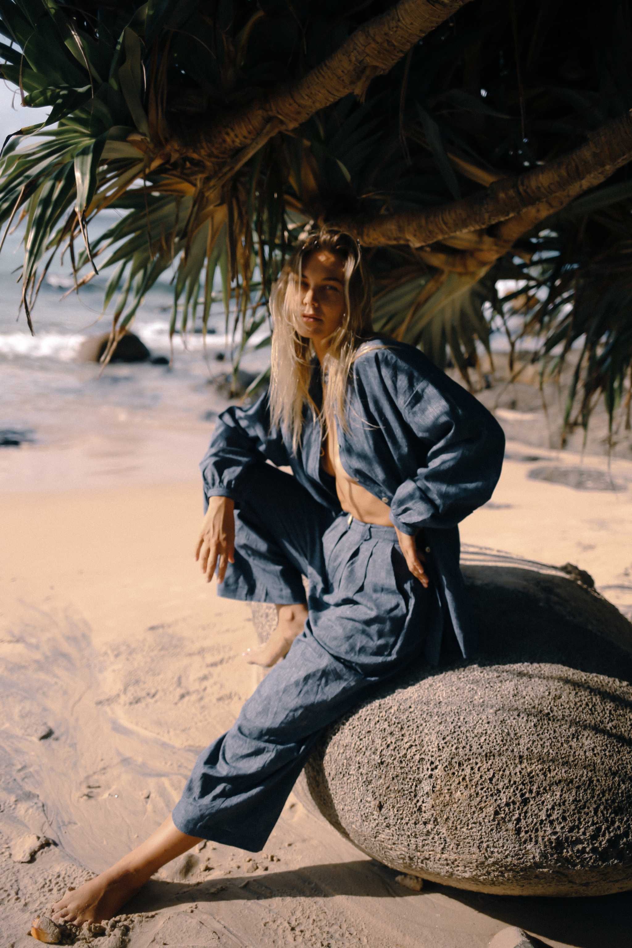 Yumi Shirt Navy Pinstripe - The Bare Road - Mount Longboards