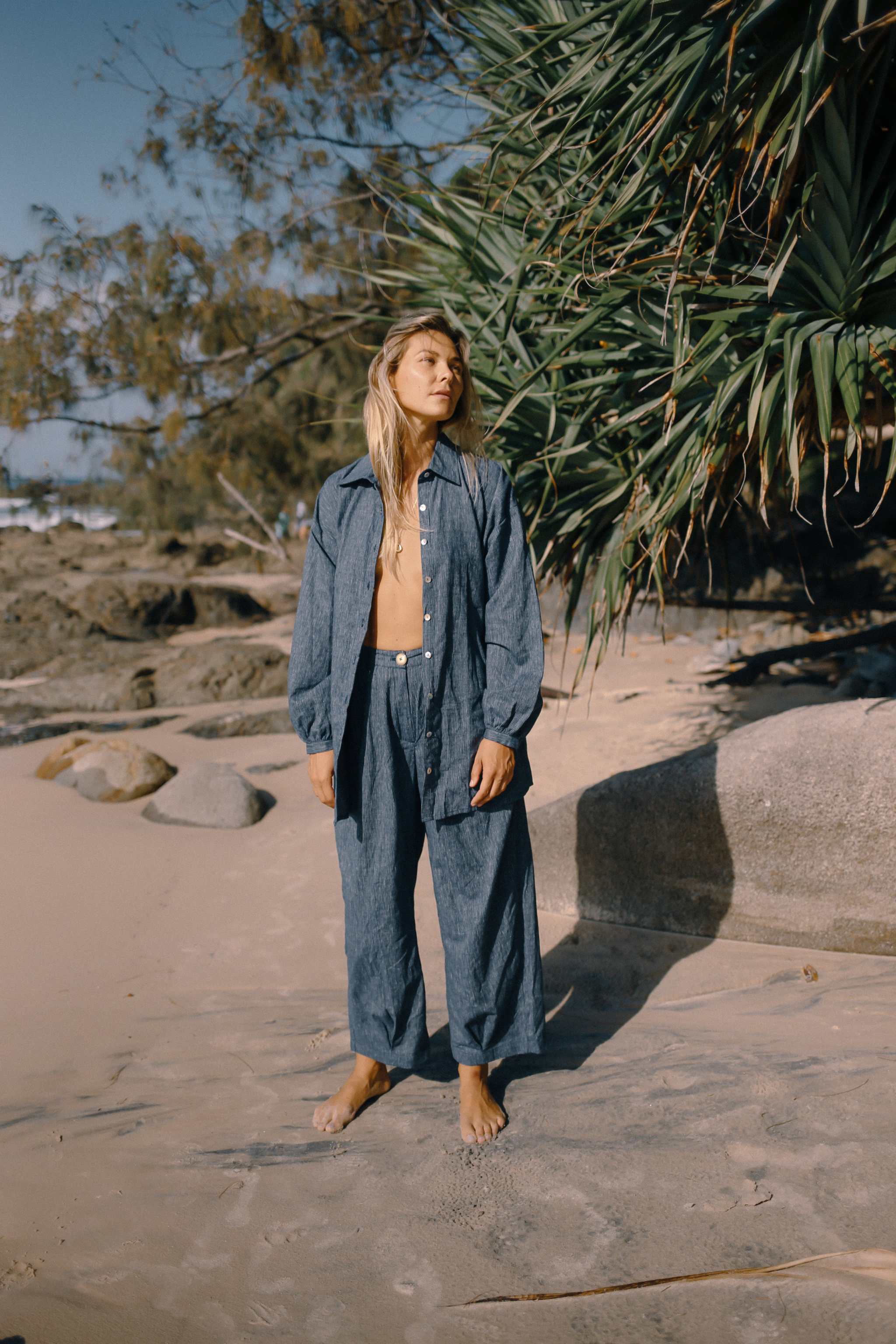 Yumi Shirt Navy Pinstripe - The Bare Road - Mount Longboards