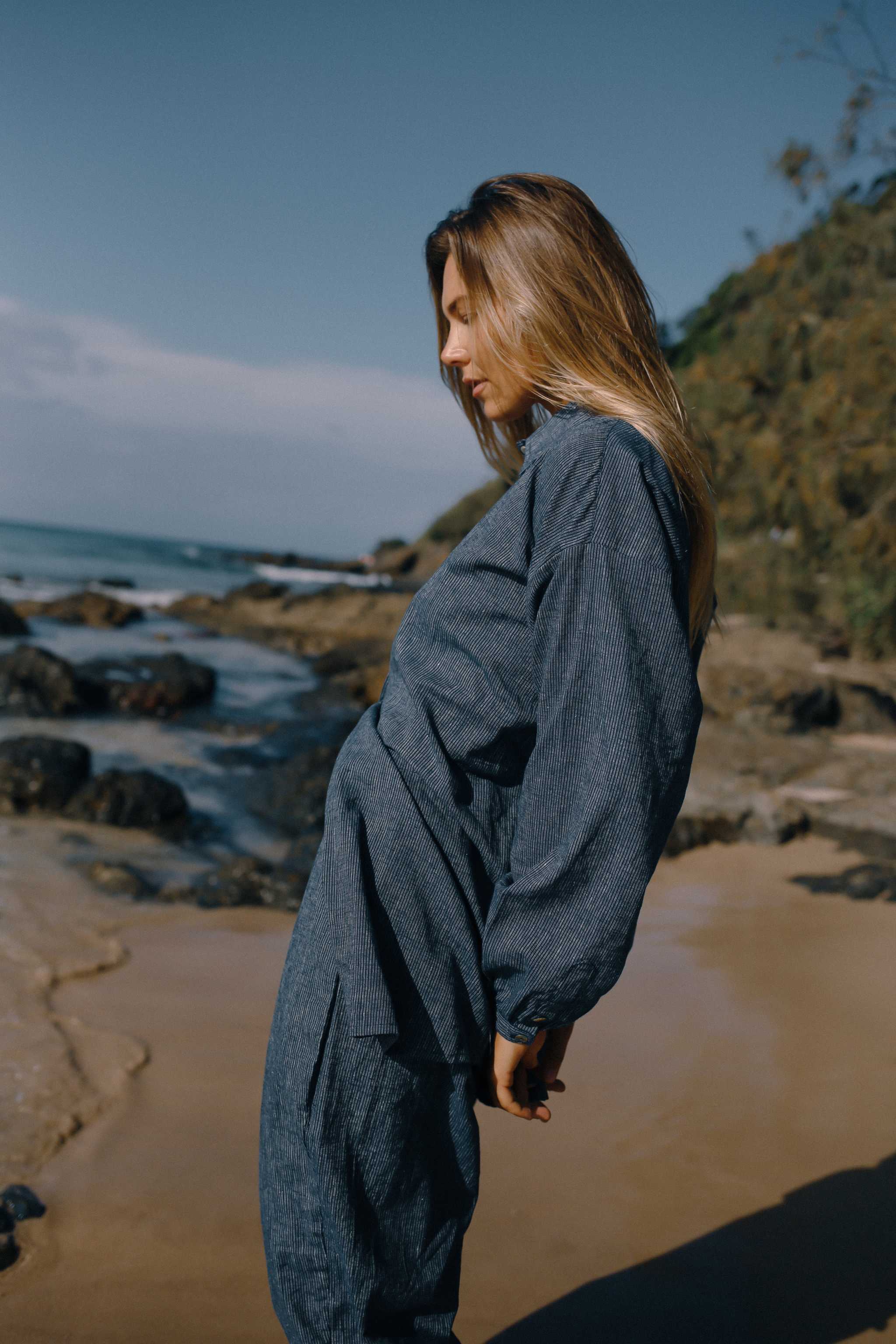 Yumi Shirt Navy Pinstripe - The Bare Road - Mount Longboards