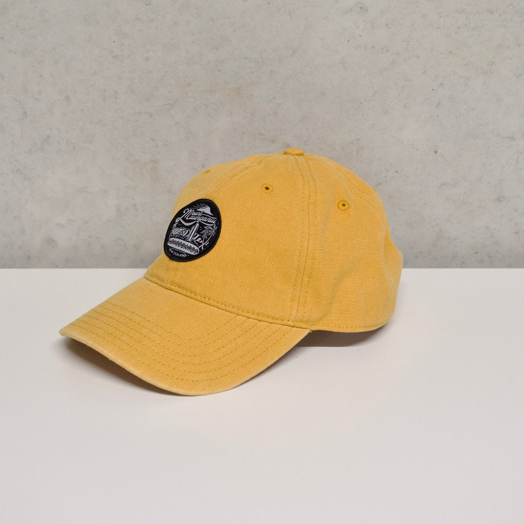 Retro Badge Cap in mustard canvas with MLB custom badge and pre-curved peak.