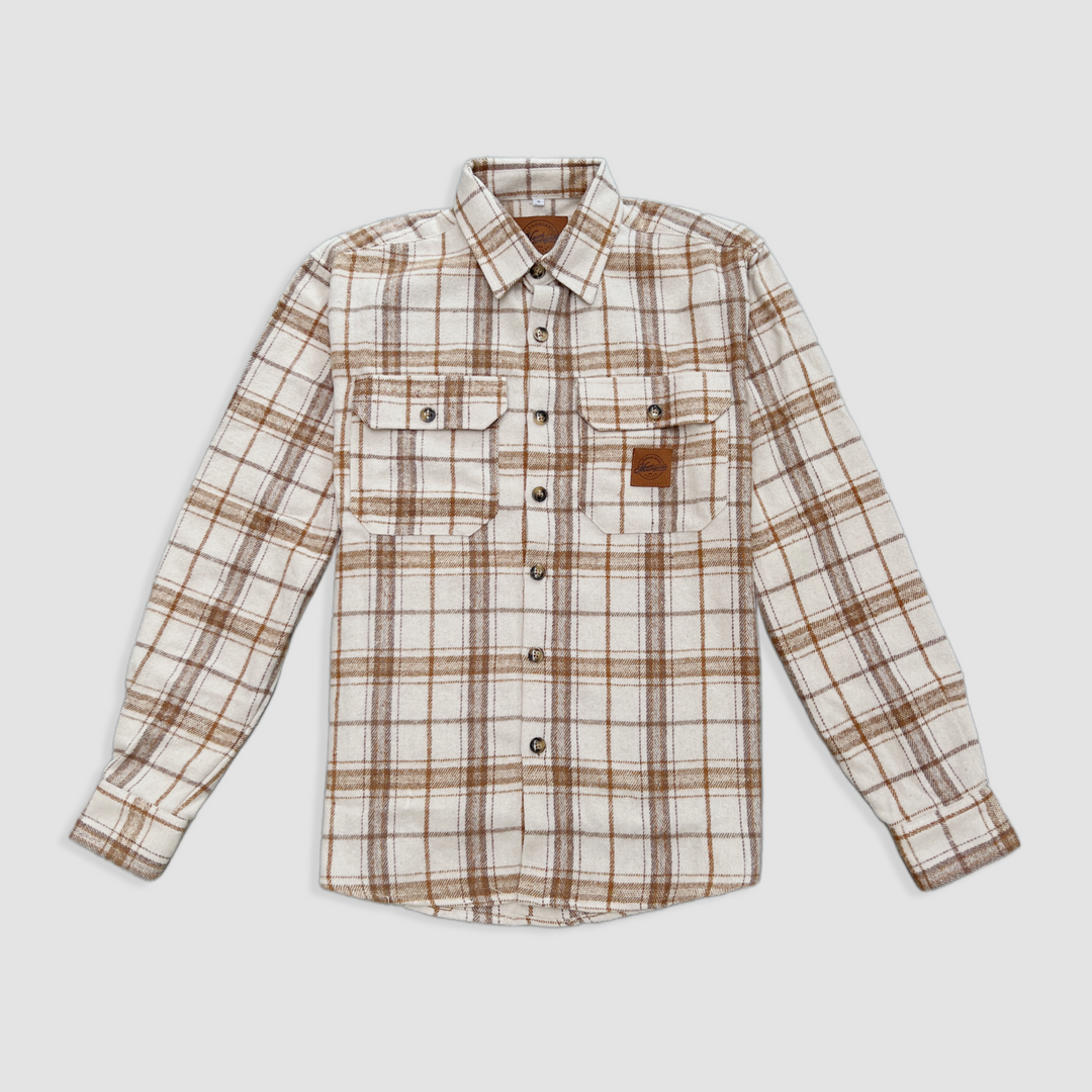 Plaid flannel shirt with classic cut and faux leather badge.