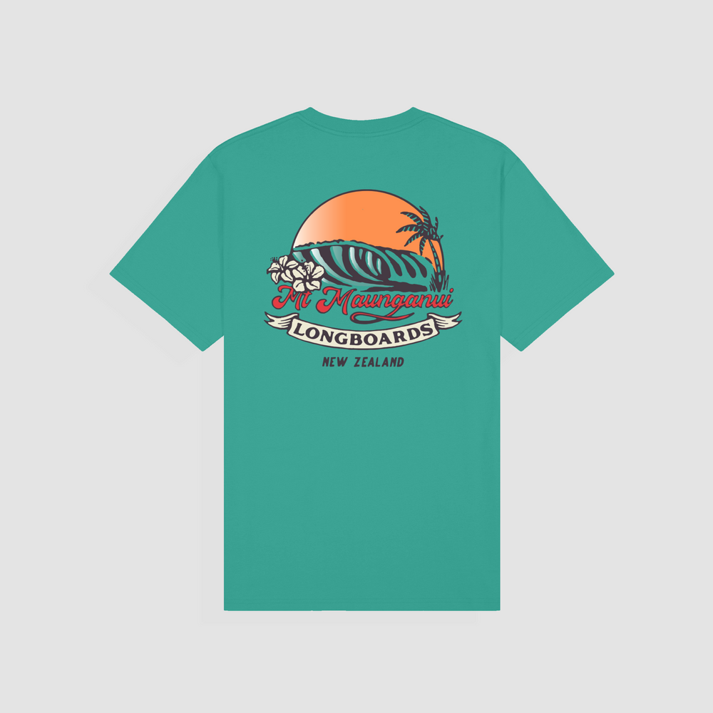 Mt Maunganui Surf t-shirt in sea green with retro 80s design and vibrant print.