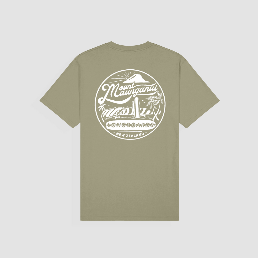 Washed olive Mount Retro t-shirt with groovy longboard design, 100% vintage cotton.