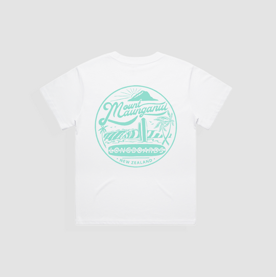 Mount Retro - Sea Foam surf shirt for women with retro beach design in dove grey.