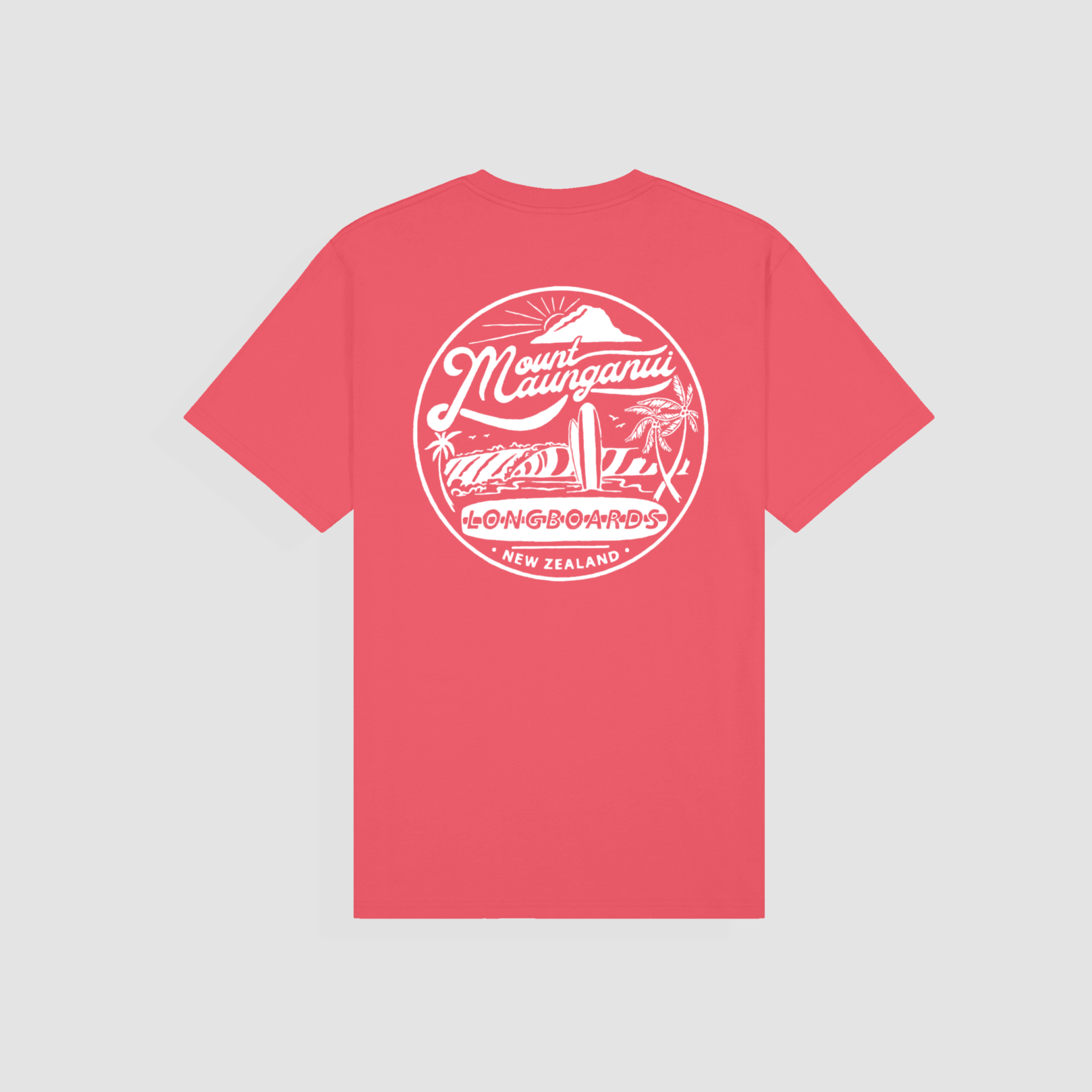 Mount Retro tee with retro longboard design, coral color, made from vintage heavy cotton for comfort.