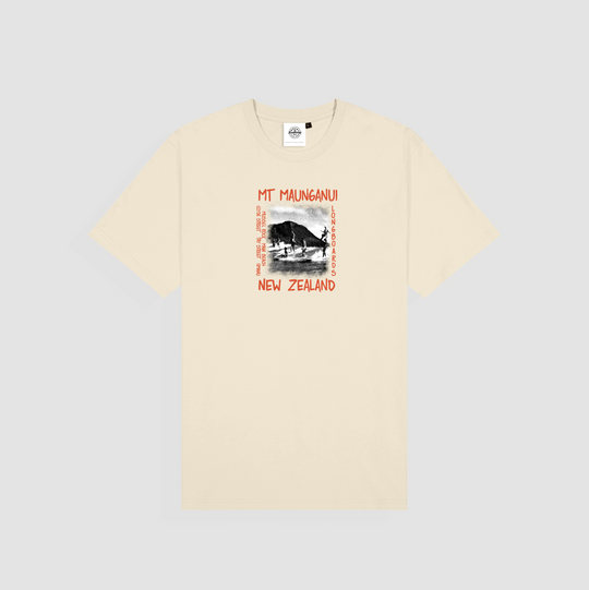 Mounties Tee in Natural color with front chest surf print featuring iconic NZ surf spots.