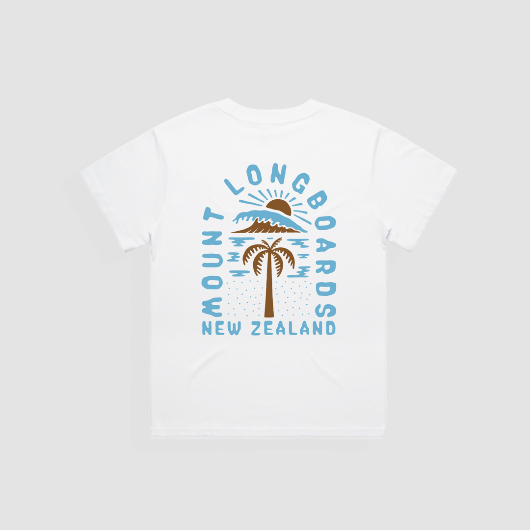 North Island Boyfriend Tee in white with blue and copper palm tree and mount design.