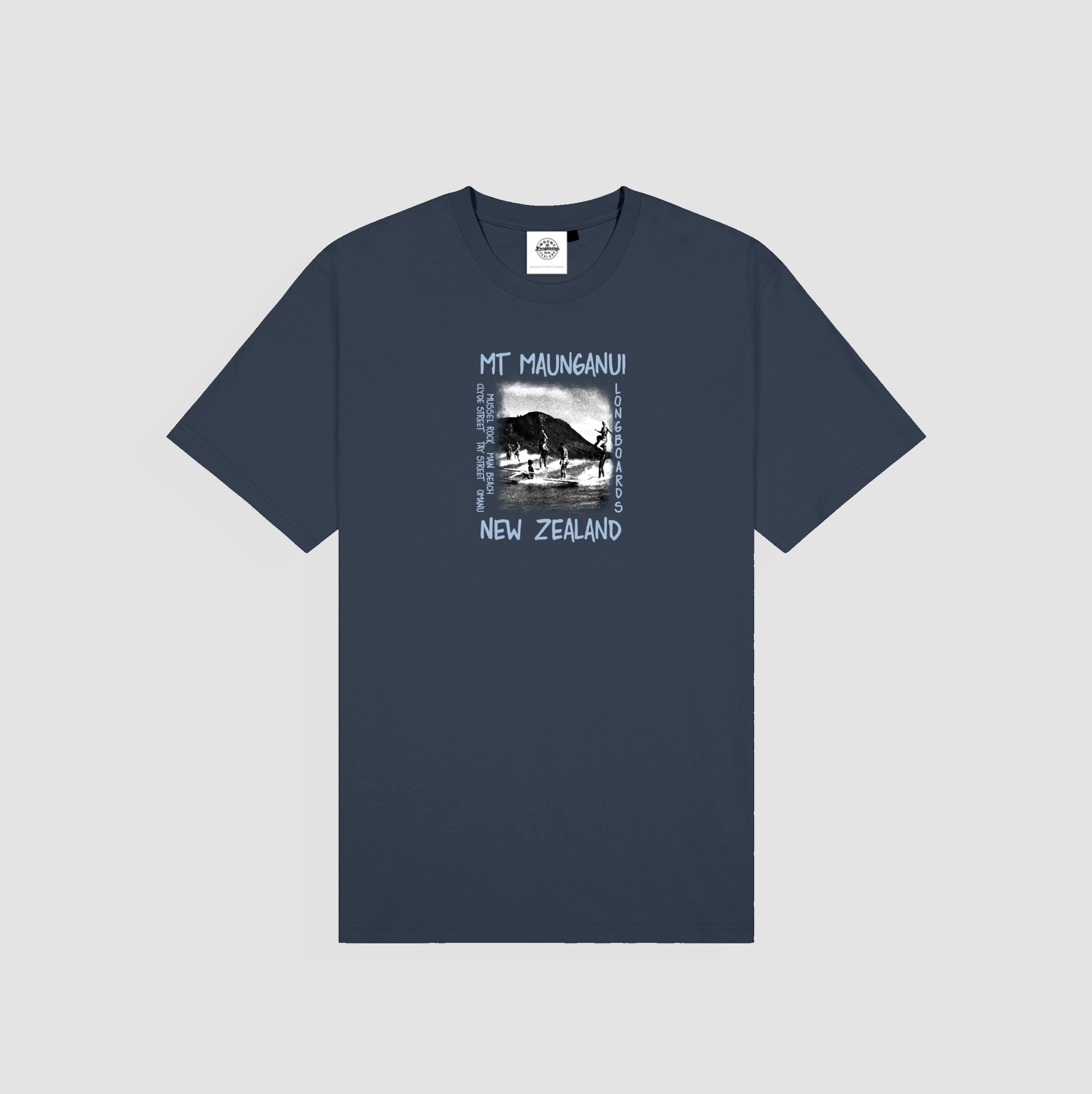 Navy Mounties Tee with surf history print, soft cotton fabric.