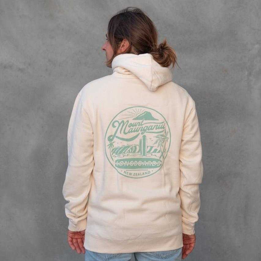 Heritage Surf Hoodie in natural cream with sage print, vintage feel, unisex, cotton.