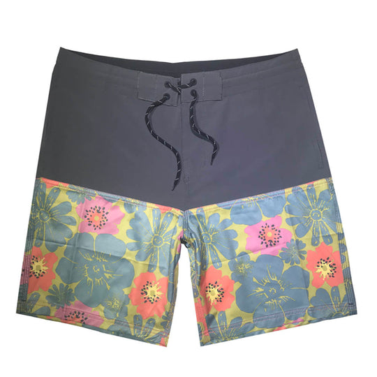 Aloha Retro Board Shorts with vintage floral design and MLB logo.