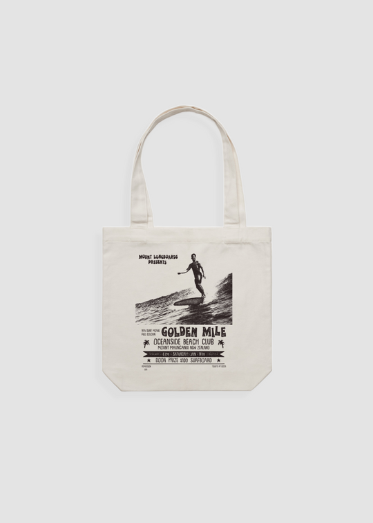 The Golden Mile Tote - Natural cotton bag with surf film design and ample space.