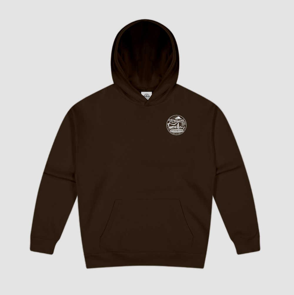 Mount Retro Hoodie in chocolate color with unique graphic design on back.