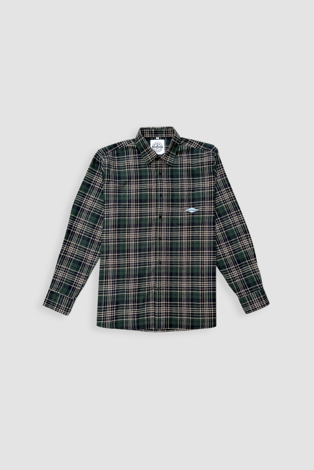 Men’s North Island Flannel Shirt with green, tan, and white plaid pattern, embroidered logo, buttoned front, and collared neckline.