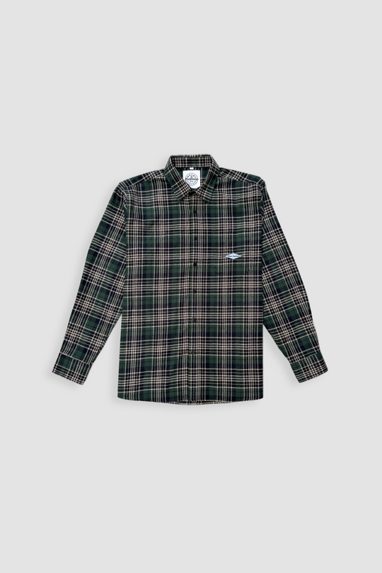 Men’s North Island Flannel Shirt with green, tan, and white plaid pattern, embroidered logo, buttoned front, and collared neckline.