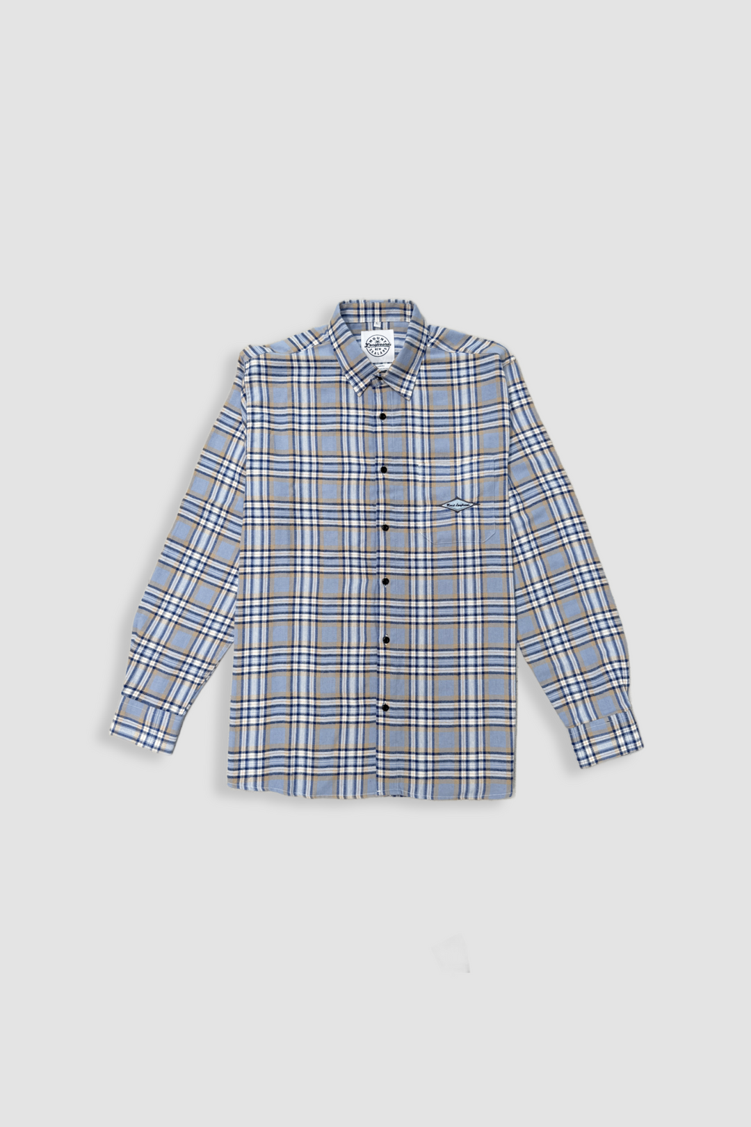Blue plaid flannel shirt with a collared neckline and buttoned front.