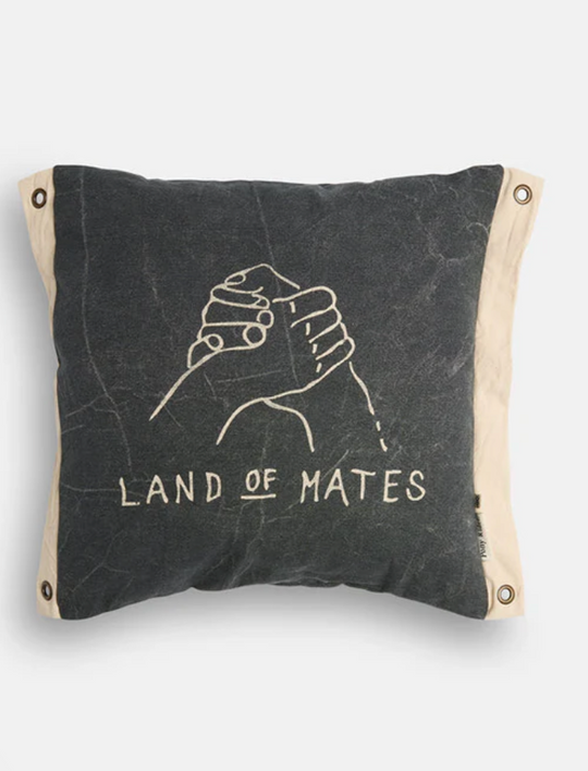 Land of Mates x Banner Cushion - Charcoal; black cotton canvas cushion cover with hand grip design, converts to wall banner with eyelets.