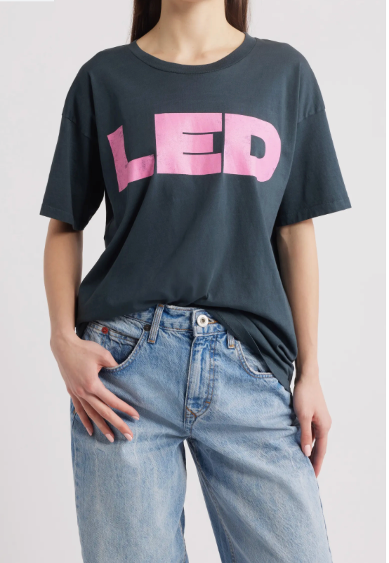 Led Zeppelin vintage black merch tee with pink "LED" text on front.