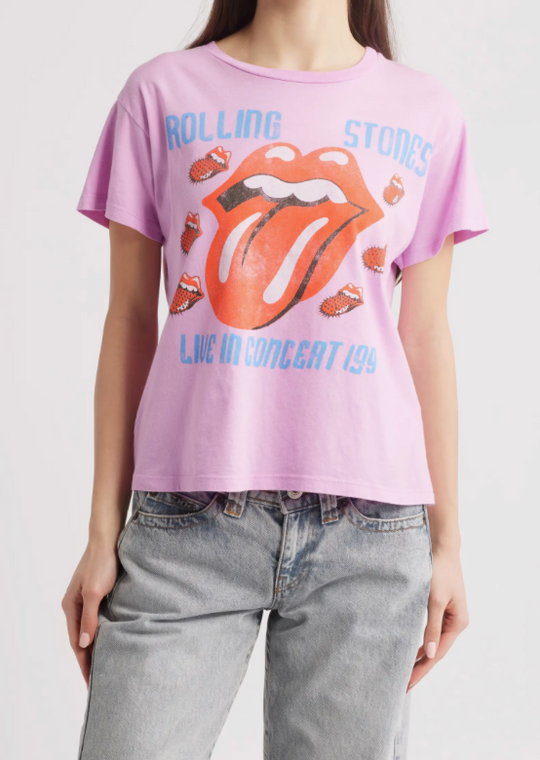 Rolling Stones Live in Concert lilac tee with iconic Hot Lips emblem.